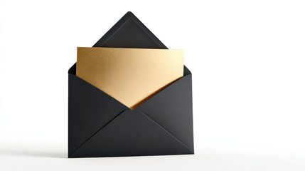 Black and Gold minimalist of a matte black envelope with a blank gold foil card, on a clean white background. 3d illustration.