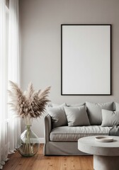 Serene Interior Design: An inviting living room scene, featuring a stylish grey sofa adorned with soft cushions, next to a decorative plant.