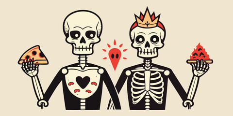 Two skeletons holding pizza slices with a crown