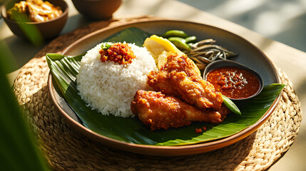 Fried Chicken with Rice and Sambal Sauce on Banana Leaf