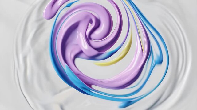 Vibrant purple, blue, and yellow colors swirl together in a creamy white liquid, forming mesmerizing abstract patterns. The video creates a calming visual experience with soft textures and smooth moti