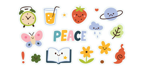 Peace word art, colorful cartoon vector illustration with fruit drink rainbow flowers and clouds symbolizing harmony positivity kids decoration and playful design