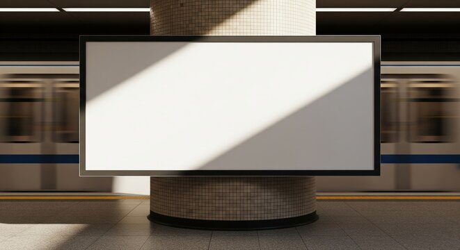 Subway Station Advertising Board: A blank, modern digital advertisement board hangs prominently within a bustling subway station, with a blurred train in motion enhancing the dynamic atmosphere.