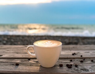 Coastal coffee serenity a cup of creamy latte relaxation by the tranquil sea shore