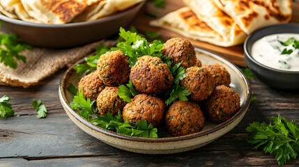 A plate of falafel balls garnished with parsley, served with pita bread and a side of yogurt sauce.