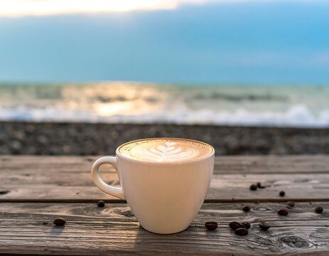 Coastal coffee serenity a cup of creamy latte relaxation by the tranquil sea shore