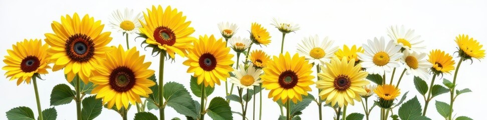 Fototapeta premium Vibrant sunflowers & daisies bouquet, isolated on white , background, plant, sunflowers