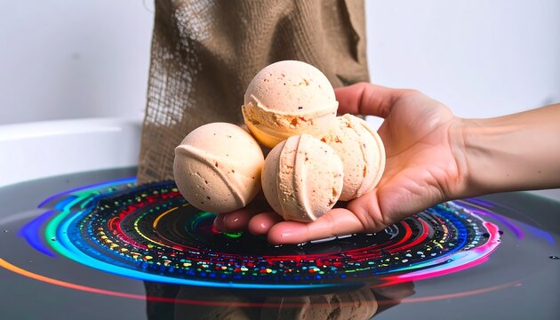 Hand holding bath bombs over abstract art