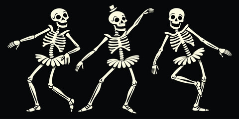 Three dancing skeletons in tutus on a black background