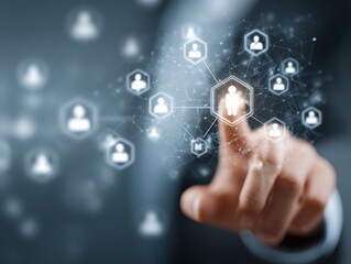 Human resource management technology (HR), Human resource manager touching human resource network structure and checks the CV online to choose the perfect employee for company, Effective recruitment.