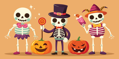 Three cute skeletons and pumpkins celebrating halloween together
