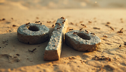 Concrete Percentage Sign with Ants on Sand