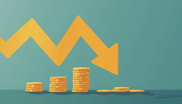 Declining Stacks of Coins Below Downward Arrow Illustration