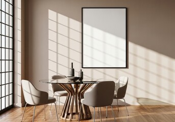 Sunlit Dining Room Interior: A modern dining room bathed in sunlight, featuring a round glass table set with chic chairs. An empty frame on the wall suggests customization.