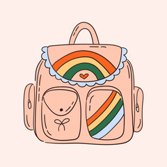 Cute pink backpack with rainbow. Back to school doodle equipment. Girly schoolbag illustration. Vector graphic
