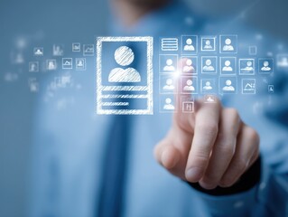 Human resource technology, HR recruitment and team management, Human resource manager reviewing online CVs to select perfect candidate for employment using digital technology and networking tools