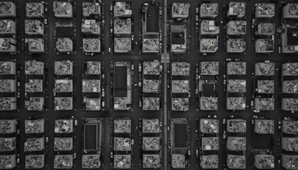 Monochrome Aerial View of Densely Packed Houses and Cars