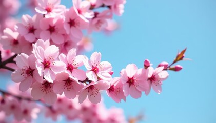 Obraz premium Delicate pink cherry blossoms in full bloom against a clear spring sky , pink flowers, pastel