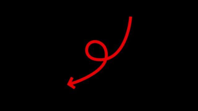 scrolling down red arrow animation,minimalist hand drawn  arrow element,simple  line art pointer animation  on black background.