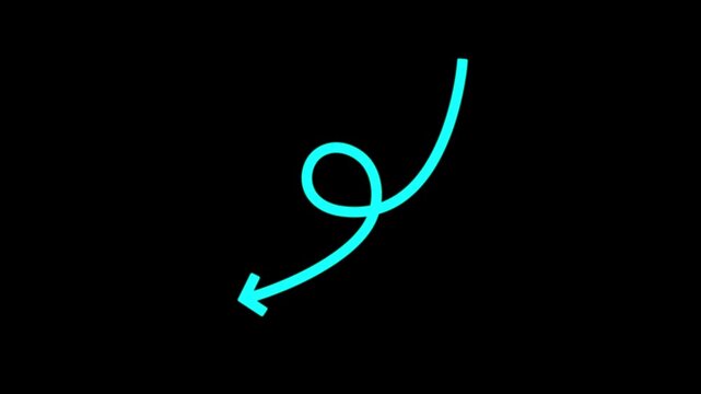 scrolling down cyan arrow animation,minimalist hand drawn  arrow element,simple  line art pointer animation  on black background.