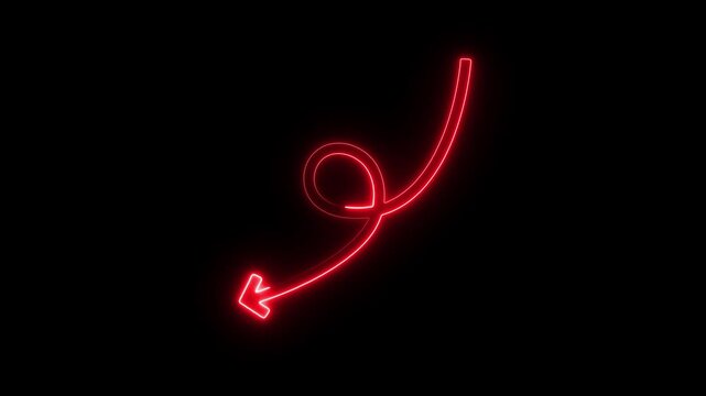 animated arrow showing decline, decrease, or a downward trend,descending neon light arrow animation,glowing neon red arrow spiraling downwards on a black background.