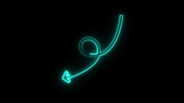 animated arrow showing decline, decrease, or a downward trend,descending neon light arrow animation,glowing neon cyan arrow spiraling downwards on a black background.