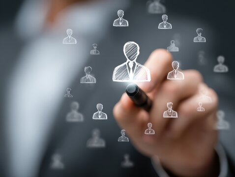 Human resources manager using stylus choose the right candidate recruitment process,Hiring,Team building strategy,Corporate recruitment process with CRM tools and Digital innovation in human resources