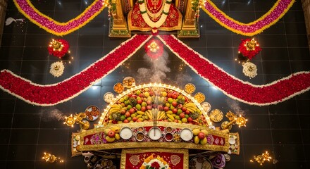 Obraz premium An ornate Hindu temple altar decorated with fruit offerings, flower garlands, and smoking incense for a religious ceremony.