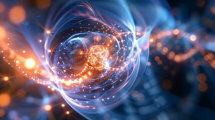 A depiction of quantum bits interacting within a futuristic computing interface .