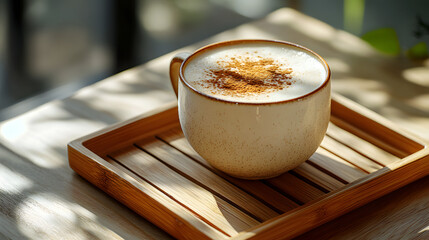 Cup of coffee with frothy top served on a wooden tray in natural light