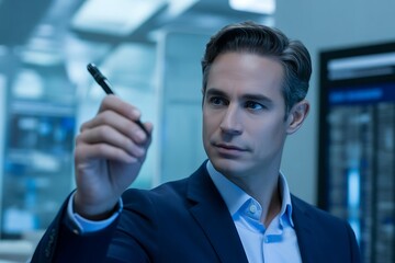 Confident professional sketching digital plans with a pen, visualizing ideas for future success in a modern office