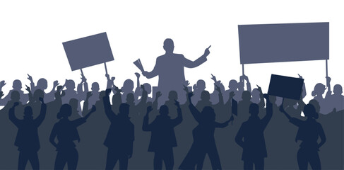 silhouettes people political rally people banner placard politician speaks into megaphone on platform protesting crowd demonstration background concept