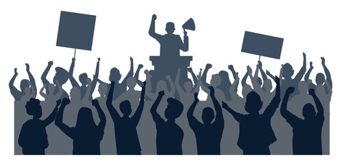 silhouettes people political rally people banner placard politician speaks into megaphone on platform protesting crowd demonstration background concept