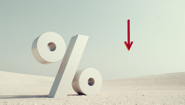 White Percentage Sign with Red Downward Arrow in Sandy Landscape