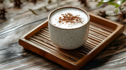 A creamy latte with cinnamon dusting served in a ceramic cup on a wooden tray