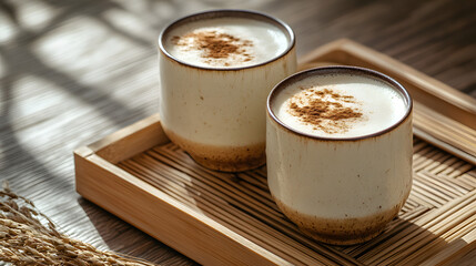 Two ceramic cups filled with a creamy beverage, garnished with cinnamon, served on a wooden tray.