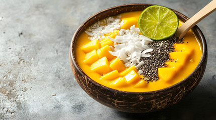 Mango Smoothie Bowl Topped with Coconut Flakes, Chia Seeds, and Lime Slice