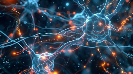 A glowing neural network with interconnected nodes and circuits, set against a dark, digital background .