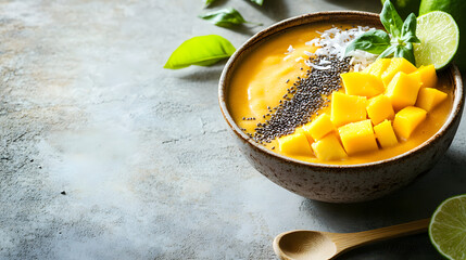 Mango Smoothie Bowl Topped with Chia Seeds, Fresh Mango Cubes, and Lime Garnish