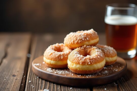 Fluffy sugar donuts on a wooden table with a glass of sima next to it, delicious, edible, dessert