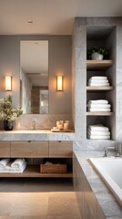 Fototapeta premium Modern bathroom with light gray walls, light wood vanity, and stone accents