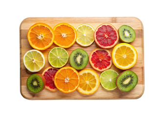 Variety of citrus and kiwi fruit slices arranged on a wooden board
