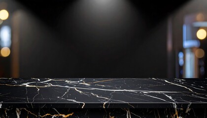 Black Marble Counter with Night Shop Blur.
