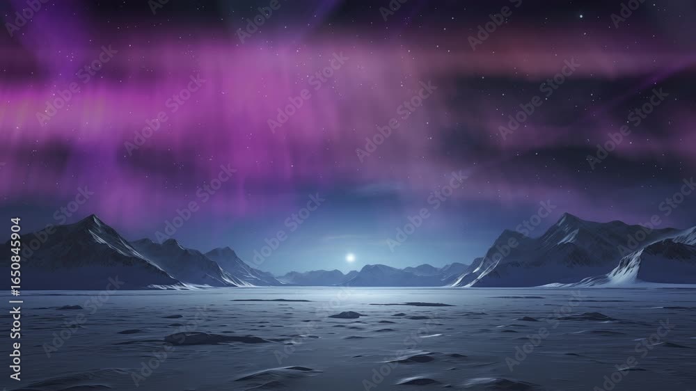 Sticker antarctica purple aurora and moonrise above mountains sky loop generative ai