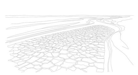 Detailed Line Art Illustration of a Dry Cracked Earth Landscape, Ideal for Conceptual Designs and Environmental Awareness Projects