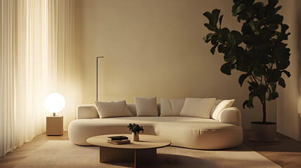 Modern Living Room with Curved Sofa and Warm Lighting