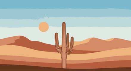 Serene Desert Landscape Illustration with Saguaro Cactus, Dunes, and Clear Sky. Ideal for travel guides, educational resources, or environmental awareness campaigns.