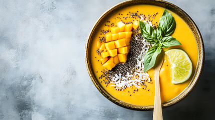 Mango Smoothie Bowl Topped with Fresh Mango, Chia Seeds, Coconut Flakes, Basil, and Lime