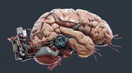 A human brain integrated with cybernetic components, illustrating neural interfaces and data flow .