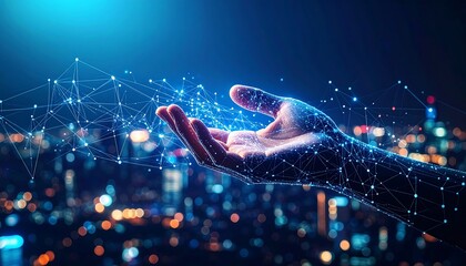 Hand holding digital network over city